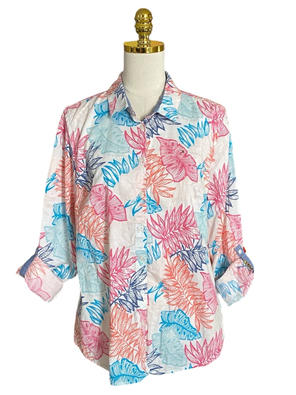 Tommy Hilfiger Women Tropical Laguna Leaf Print Coastal Button-Down Shirt Large